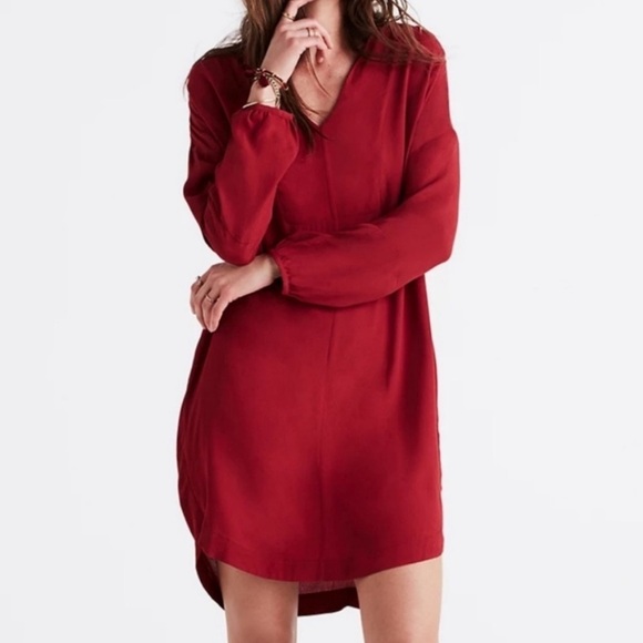 Madewell Dresses & Skirts - MADEWELL Dress Du Jour Tunic Dress Size XXS V-Neck Pockets L/S Red Garnet Womens